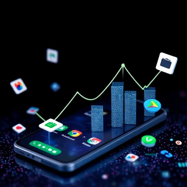 A smartphone screen with app icons projects 3D bar graphs and a rising line graph, symbolizing digital data growth. Floating icons suggest dynamic technology as ASO