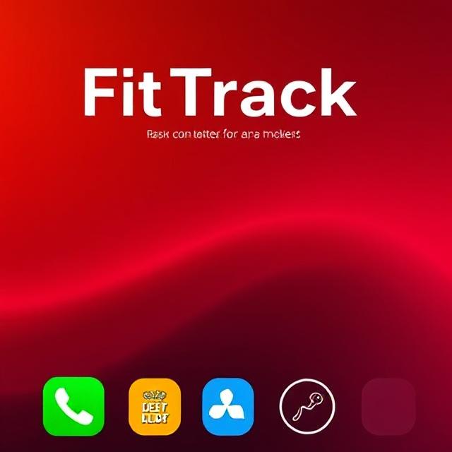 Red background with "FitTrack" in bold white text at the top. Below are four app icons: a green phone, a yellow symbol, a blue fan, and a white key. ASO