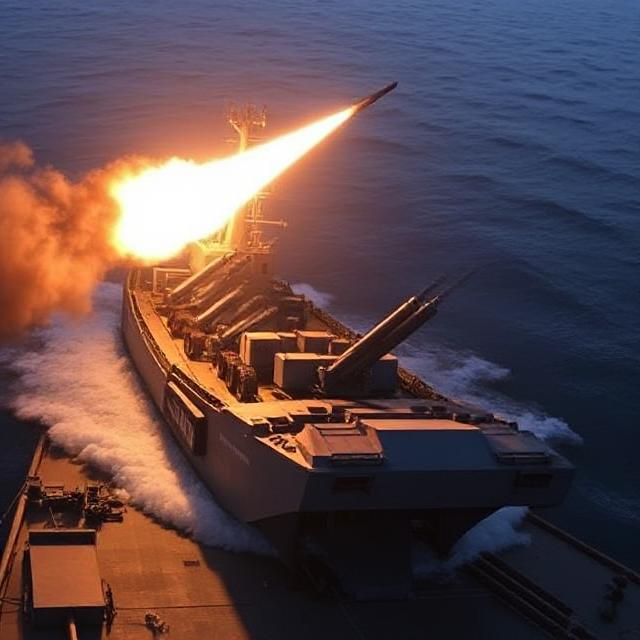 A naval ship launches a missile over calm seas at dusk, flames illuminating the deck. The scene conveys power and precision with a dramatic tone.US Patriot Missiles to Ukraine 2025