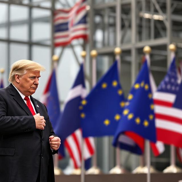 A man in a dark suit stands with a thoughtful expression, in front of a row of international flags, including EU and US flags, against a modern building backdrop for US imposes tariffs in 2025