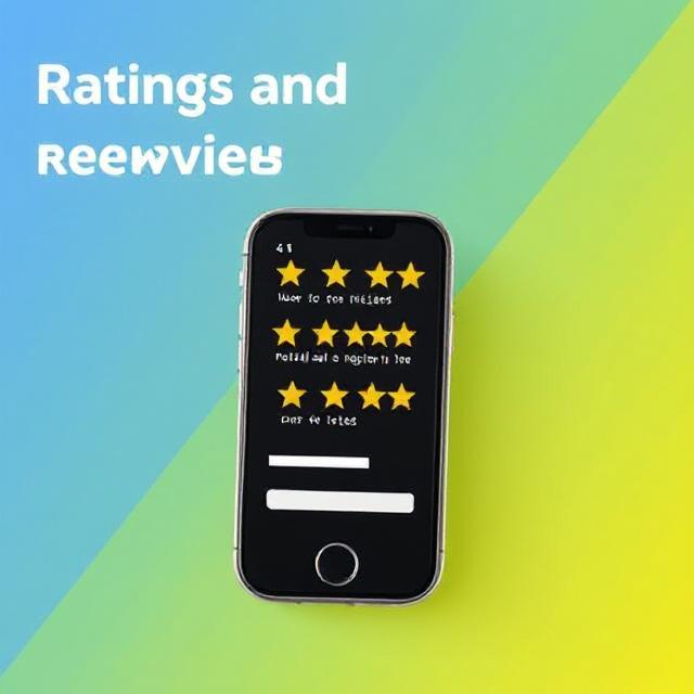 Smartphone displaying a ratings and reviews screen with five-star icons on a gradient background from blue to green. Text reads "Ratings and Reviews." ASO