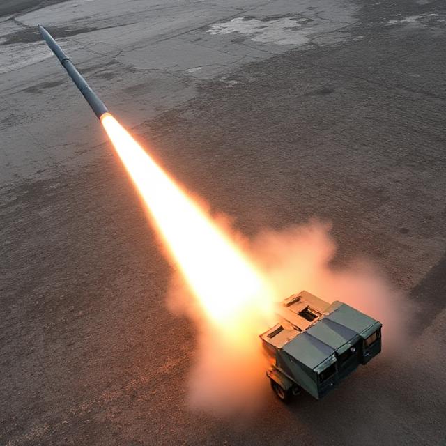 A military vehicle launches a rocket, emitting a bright, fiery trail. The scene conveys power and motion on a vast, empty concrete surface.