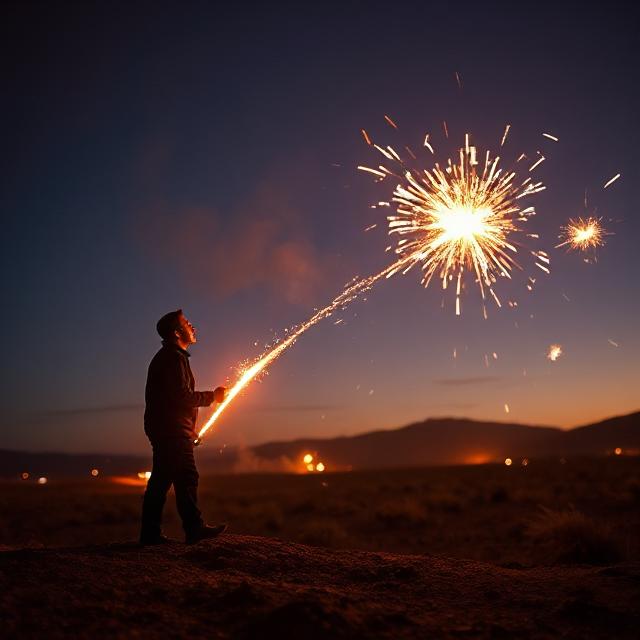 Elon Musk sparks 2025 Silhouette of a person holding a sparkler against a twilight sky. The sparkler creates bright, dynamic fireworks, evoking a sense of wonder as Elon Musk sparks 2025