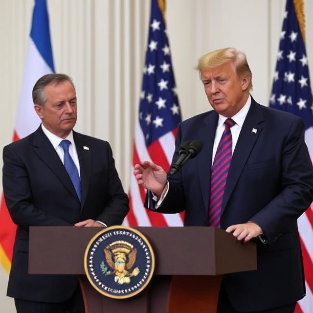 Two men stand at a podium with microphones, in front of American flags. One speaks, gesturing with his hand, conveying a formal atmosphere.US Patriot Missiles to Ukraine 2025