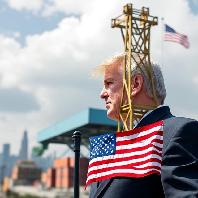 A man stands outdoors, suited, holding a U.S. flag. A crane and cityscape are in the background, with an American flag flying high. The mood is patriotic as US imposes tariffs in 2025