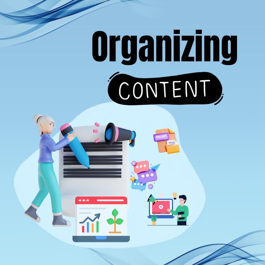A woman writes on a document with a giant pen, surrounded by digital icons, charts, and a laptop on a blue background. Text reads "Organizing Content." AEO